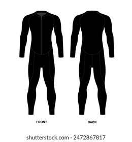 Illustration of a men's basic scuba diving suit. Sketch of a black diving suit, front and back view.