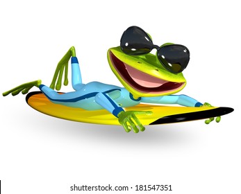 Illustration Merry Green Frog On A Surfboard