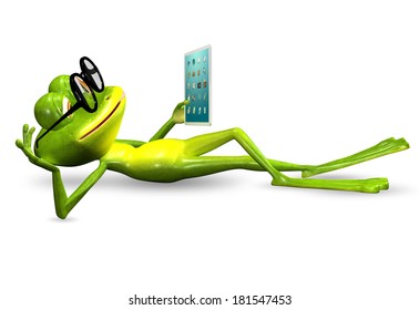 Illustration Merry Green Frog With A Tablet