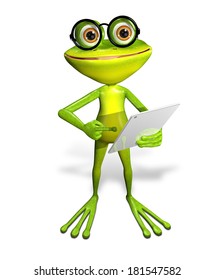 Illustration Merry Green Frog With A Tablet
