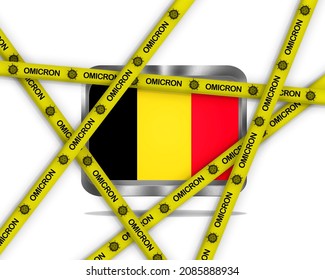 Illustration with a metal Belgium flag on white background and yellow ribbons with Omicron virus.