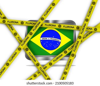 Illustration With A Metal Brazil Flag On White Background And Yellow Ribbons With Flurona Virus. Covid And Flu Infection.