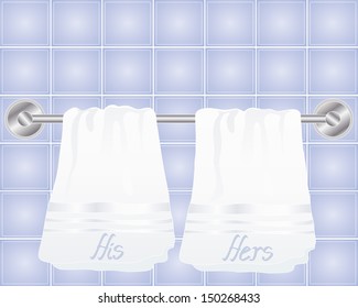 An Illustration Of A Metallic Towel Rail With His And Hers Fresh White Towels In Front Of Blue Ceramic Tiles