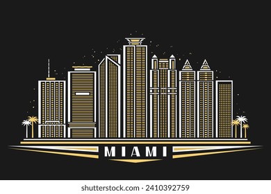 Illustration of Miami, horizontal poster with outline design illuminated miami city scape, american urban line art concept with decorative lettering for word miami on dark dusk background - Powered by Shutterstock