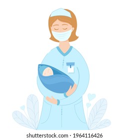 Illustration For Midwife Day. Nurse Or Midwife With Mask Holding A Newborn By Hands