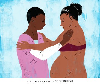 Illustration of a midwife helping a woman give birth