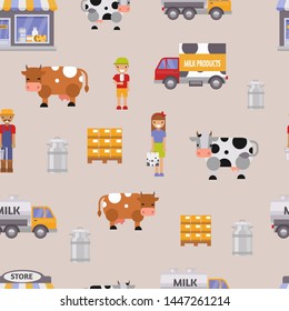 Illustration Milk Dairy Farm To Table Healthy Factory Organic Milky Food Farmers Woman And Man Delivery Seamless Pattern Background. Milk Track, Cow, Family