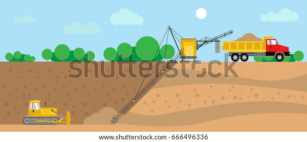 Illustration of mineral extraction\
process, isolated on industrial landscape. Truck, bulldozer and\
excavator. Flat style. Good for advertisement, banners,\
posters.