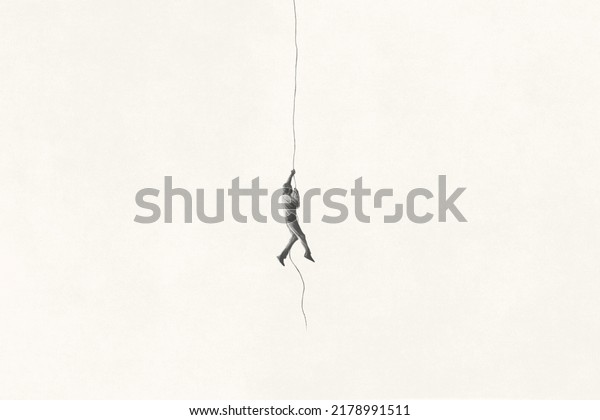 Illustration of minimal black and white man\
climbing a rope, abstract surreal\
concept\

