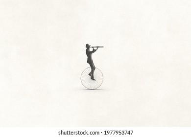 Illustration Of Minimal Retro Business Man Riding An Old Bike Observing The Future With Binoculars