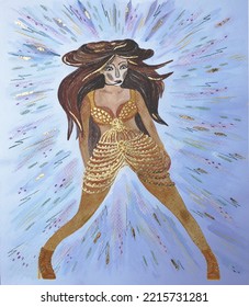 Illustration In Mixed Technique Watercolor With Pencil: Singer - Dancer Star Girl.