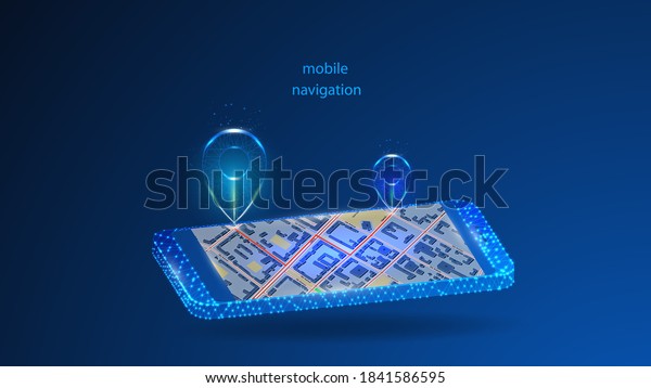 Illustration of a mobile phone with an\
application for mobile navigation. Science, futuristic, web,\
network concept, communications, high\
technology.