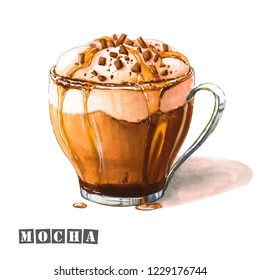 Illustration Of Mocha Coffee With Whipped Cream, Chocolate And Caramel Syrup, Sprinkled With Chocolate Chips In A Glass Cup. Colorful Sketch Of Tasty Sweet Coffee Drink. Drawn By Professional Markers.