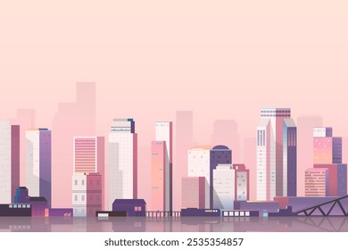 Illustration of a modern city skyline at sunset. The cityscape, skyscrapers, and a pink sky, creating a serene urban atmosphere. Modern city skyline wallpaper textured background. - Powered by Shutterstock