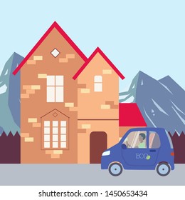 illustration of a modern house in a flat style with eco car and mountains on a background. House front view. Building for rent or sale. Scandinavian nature