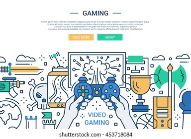 Illustration of modern line flat design website banner, header with video gaming process