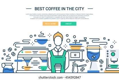 Illustration Of Modern Line Flat Design Website Banner, Header With Professional Barista In Coffee Shop