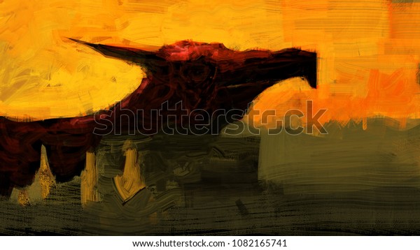 Illustration Monks Dragon Sunset Fantasy Digital Stock