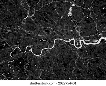 Illustration Monochrome City Map Of London, United Kingdom. It Shows The Road, The River And The City Of London. Source Using Open Street Map Data. Suitable For Backgrounds.