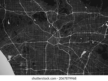 Illustration Monochrome Street Map Of Los Angeles, California, USA. It Shows The Road, The River, The Sea, And The City Of Los Angeles, CA. Source Using Open Street Map Data. Suitable For Background