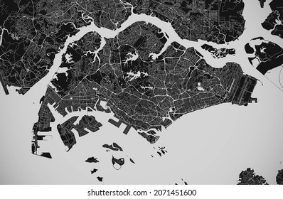 Illustration Monochrome Street Map Of Singapore. It Shows The Road, The River, The Sea, And The City Of Singapore. Source Using Open Street Map Data. Suitable For Background