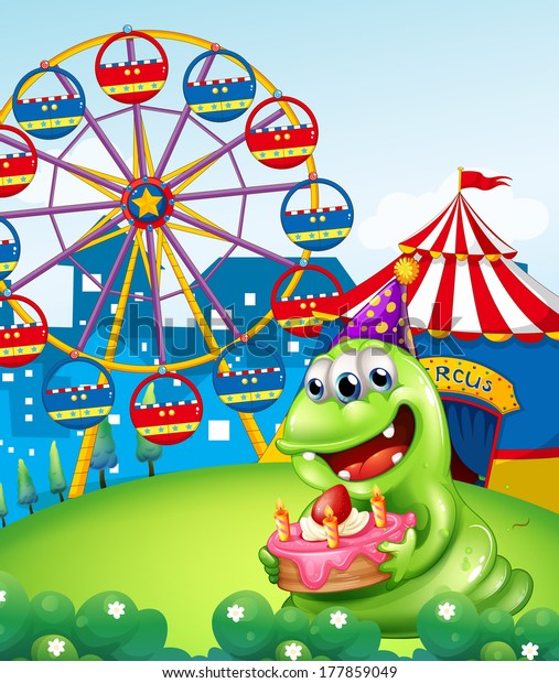 Illustration of a monster celebrating a birthday\
at the hilltop with a\
carnival