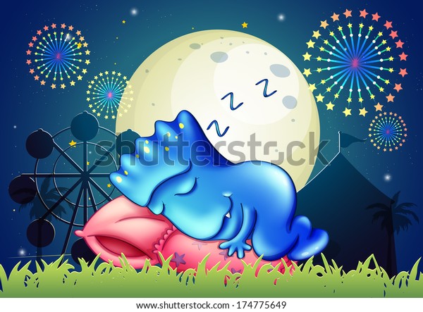 Illustration of a monster sleeping above the pillow\
at the amusement\
park