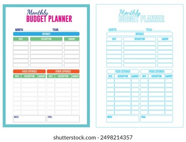 An Illustration of Monthly Budget Planner Templates in cmyk mode. Ready to print.This image showcases budget planner templates to help individuals organize their finances by categorizing incomes - Powered by Shutterstock