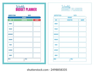 An Illustration of Monthly Budget Planner Templates in cmyk mode. Ready to print. This image showcases budget planner templates to help individuals organize their finances by categorizing incomes  - Powered by Shutterstock