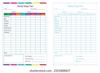 An Illustration of Monthly Budget Planner Templates in cmyk mode. Ready to print. This image showcases budget planner templates to help individuals organize their finances by categorizing incomes,   - Powered by Shutterstock