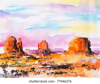 Illustration of Monument Valley at sunset.Picture I have created with watercolors. - Powered by Shutterstock