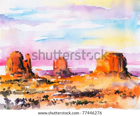 Illustration of Monument Valley at sunset.Picture I have created with watercolors.
