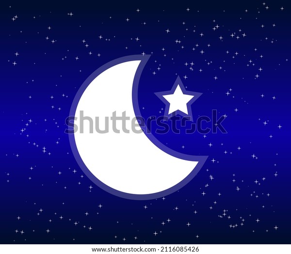 Illustration, moon and star. Dark blue color\
background and small stars fill the\
space.