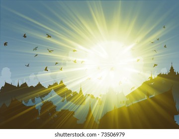 Illustration Of The Morning Sun And Birds Over A Generic East Asian City