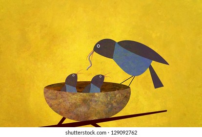 Illustration Of A Mother Bird Feeding A Worm To Her Baby Chicks