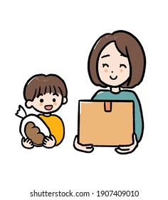 Illustration Of A Mother And Child Using A Food Bank.