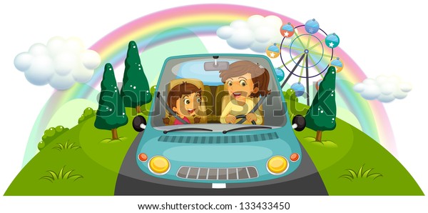Illustration of a mother driving the car with\
her daughter on a white\
background