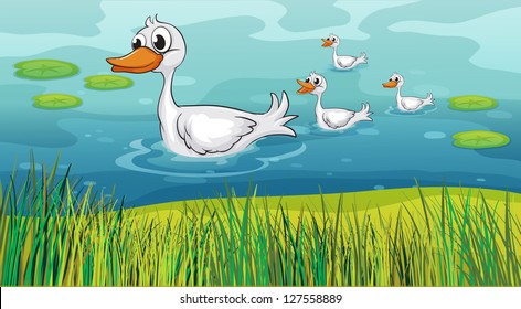 Illustration mother duck being followed by the little ducks
