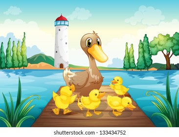 Illustration mother duck and four baby ducks in the wooden bridge