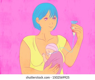 Illustration Of A Mother Feeding Baby With An NG Tube