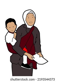 Illustration Of A Mother Holding Her Young Child Behind Her Back