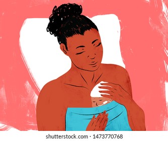 Illustration of a mother sharing skin to skin with her premature baby 