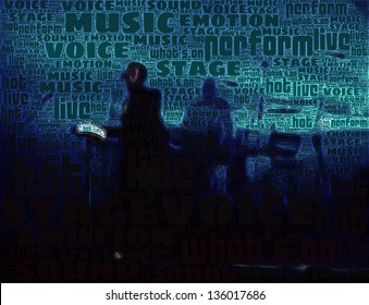 Illustration of a musical group performing at a concert, made of backlight silhouettes and composed of words, referring to concepts such as music, nightlife, as well as entertainment in general - Powered by Shutterstock