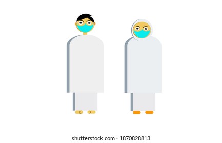 An Illustration Of Muslim And Muslimah Wearing Ihram With Face Mask At Mecca.