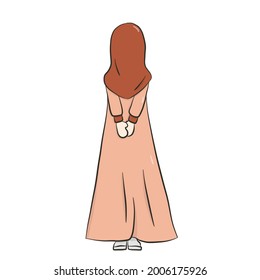 Illustration Of Muslim Woman Standing Back View Wearing Light Orange Clothes And Dark Orange Headscarf