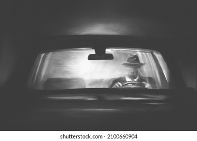 illustration of mysterious dark man driving in the night, surreal concept