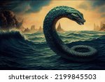 Illustration of the mythical sea serpent Jörmungandr also known as the midgard serpent. The sea serpent is from the viking religion norse mythology.