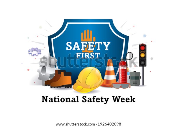 Illustration of National safety week and\
worker, employees safety awareness at working\
place