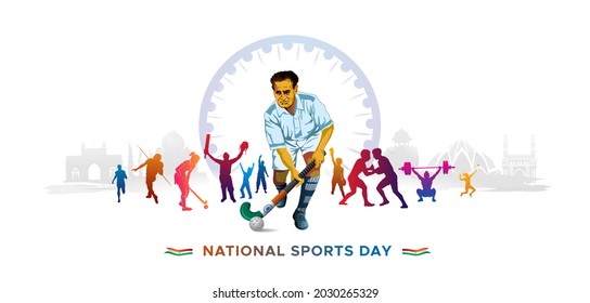 Illustration Of National Sports Day With Players Major Dhyan Chand And Indian Tricolor Flag Background