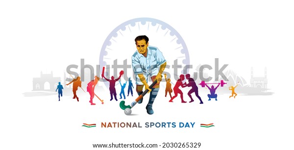 illustration of National Sports\
day with players Major dhyan chand and Indian tricolor flag\
background